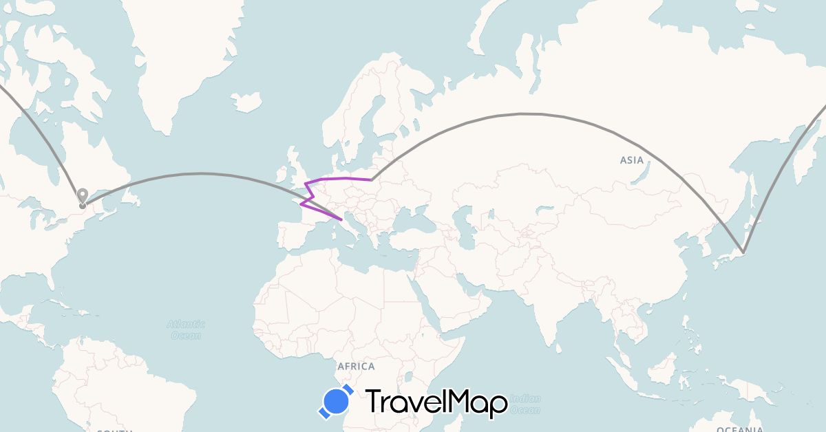 TravelMap itinerary: driving, plane, train in Canada, France, United Kingdom, Italy, Japan, Netherlands, Poland (Asia, Europe, North America)